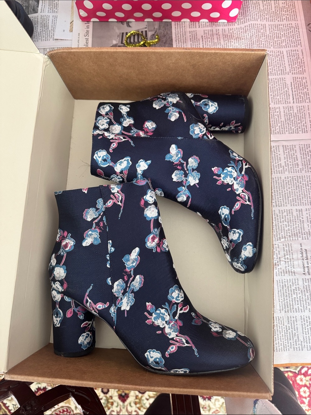 Urban Outfitters Navy Floral Block-Heel Ankle Boots
